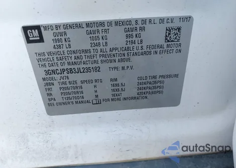 2018 Chevrolet Trax Lt from USA, damaged, VIN 3GNCJPSB3JL235182